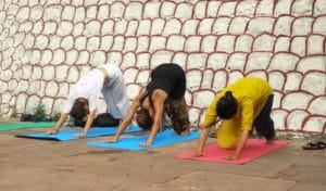 trois femmes pratiquent le yoga en extérieur posture ardho mukha asana